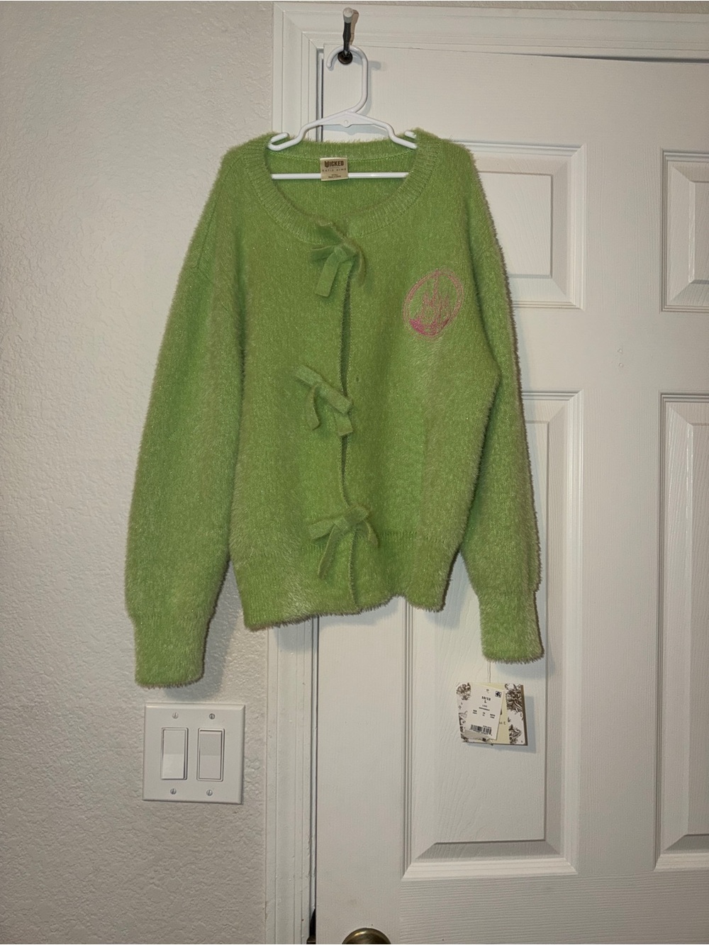 Wicked & Katie Kime Green Fuzzy Bow-Front Sweater